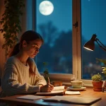 Femme écrivant dans un journal à la pleine lune de novembre, planifiant ses projets personnels au clair de lune
