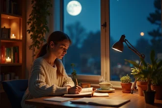 Femme écrivant dans un journal à la pleine lune de novembre, planifiant ses projets personnels au clair de lune