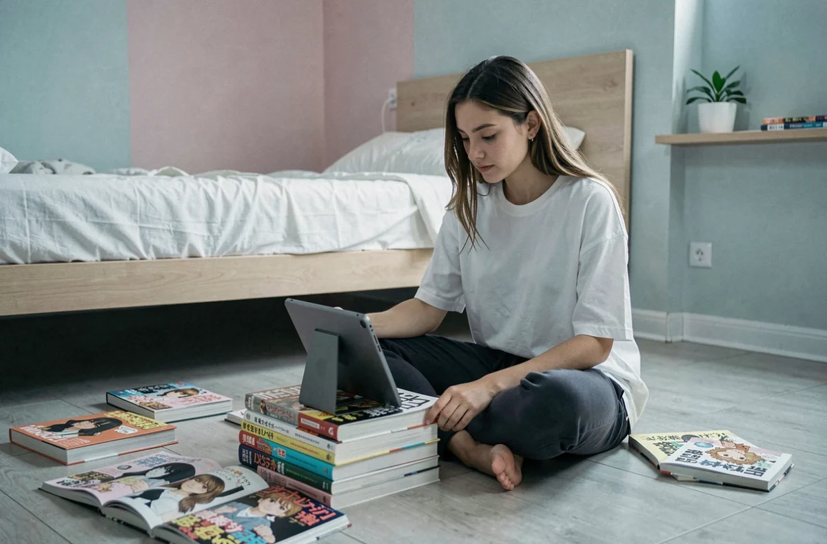Jeune femme consultant Kaliscan sur tablette entourée de volumes de manga sur le sol