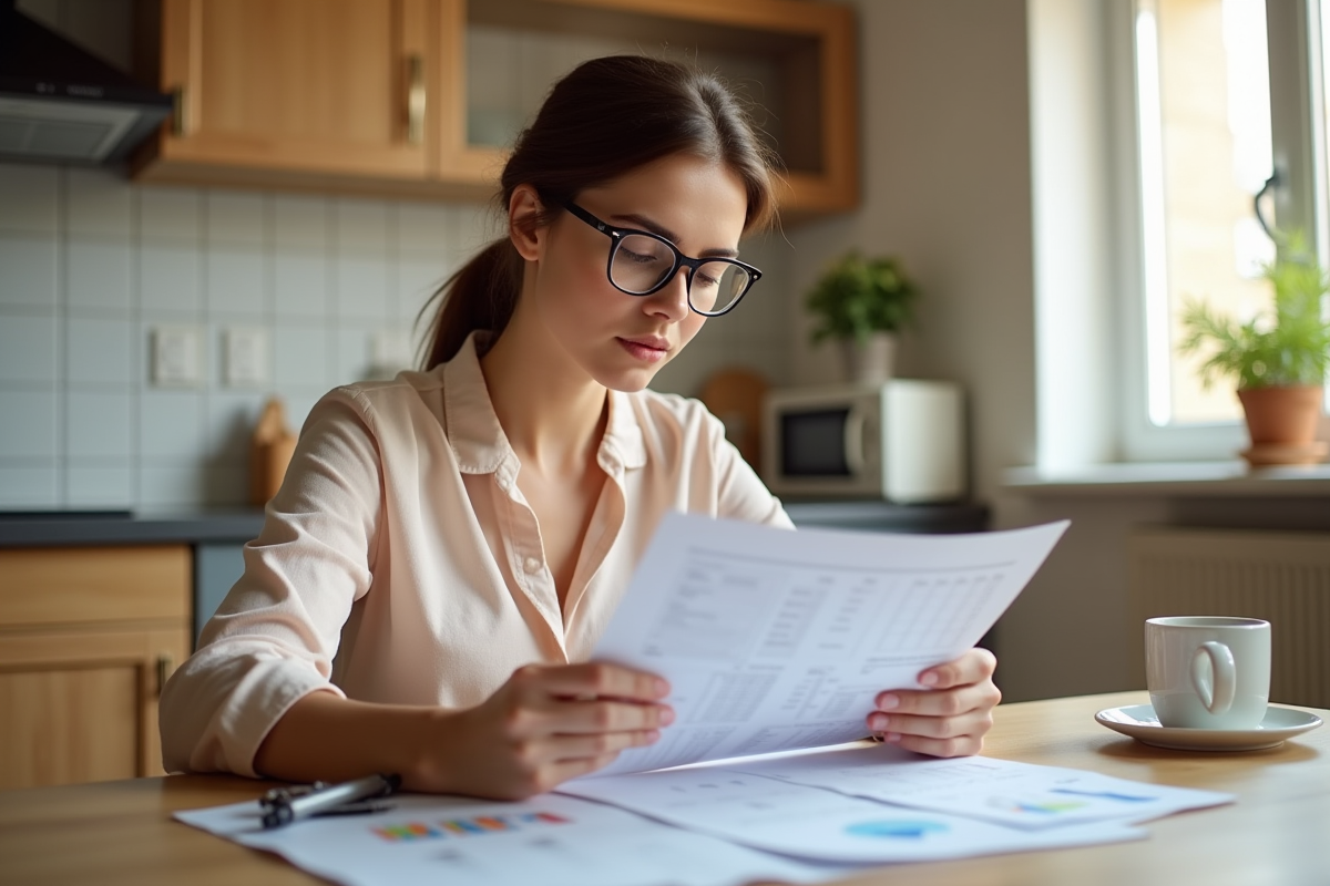 Femme lisant des documents de prêt immobilier à la maison