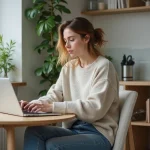 Jeune femme lisant des actualites dans un interieur cosy