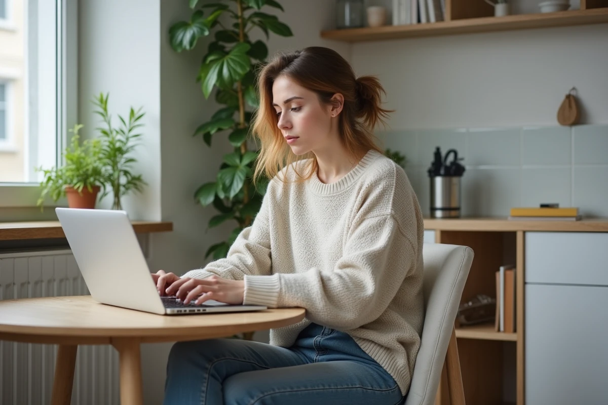 Jeune femme lisant des actualites dans un interieur cosy