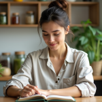 Femme lisant un livre sur la santé intestinale dans une cuisine moderne