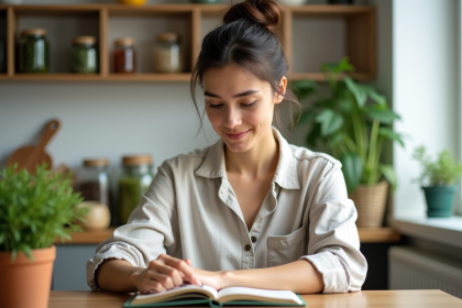 Femme lisant un livre sur la santé intestinale dans une cuisine moderne