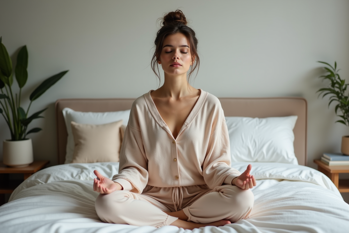 Femme méditant paisiblement sur le lit dans une chambre douce