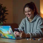Jeune femme jouant à Monopoly GO sur smartphone avec des dés gratuits affichés sur l'écran d'un ordinateur portable