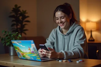 Jeune femme jouant à Monopoly GO sur smartphone avec des dés gratuits affichés sur l'écran d'un ordinateur portable