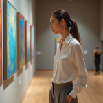 Femme contemplant une peinture abstraite dans un musée d'art moderne