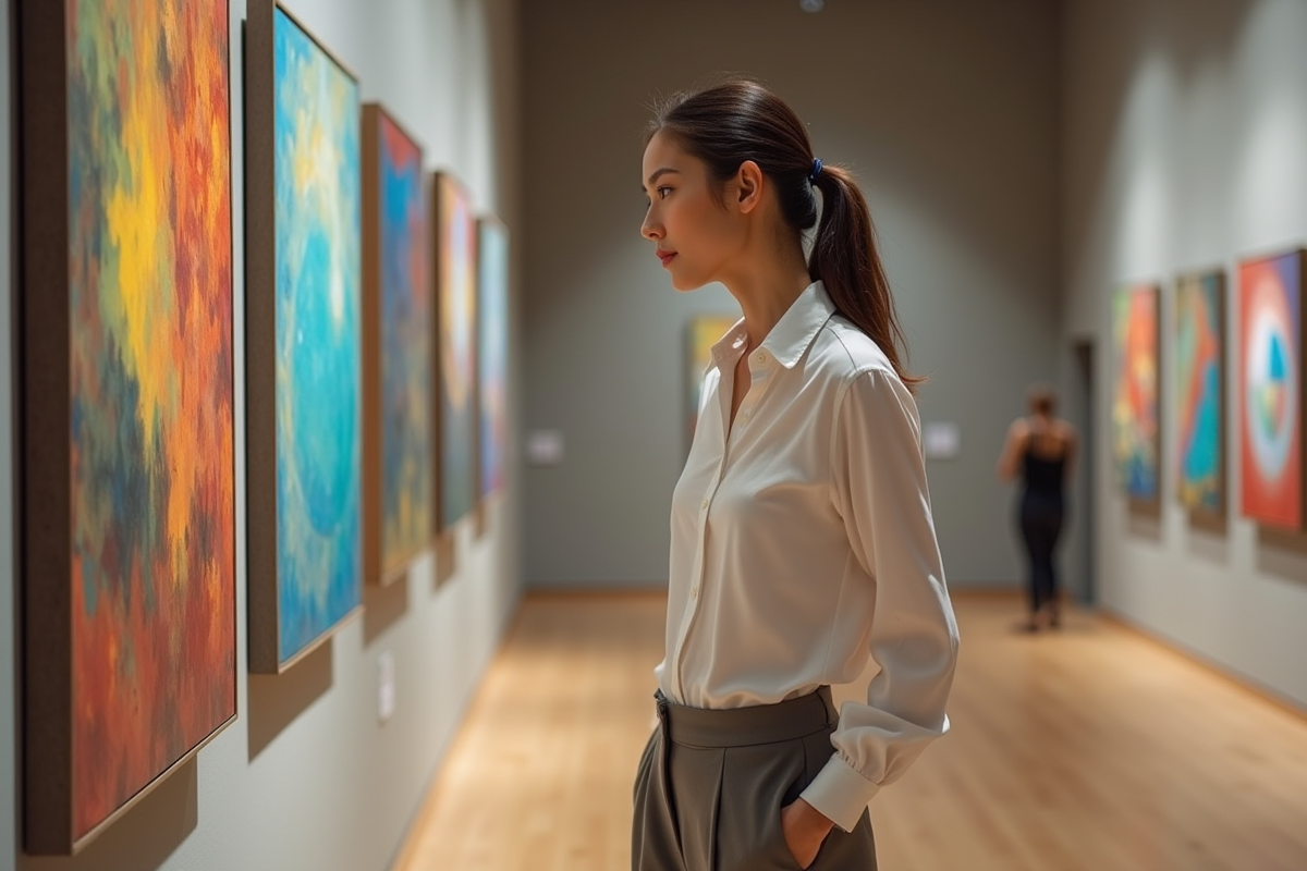 Femme contemplant une peinture abstraite dans un musée d'art moderne