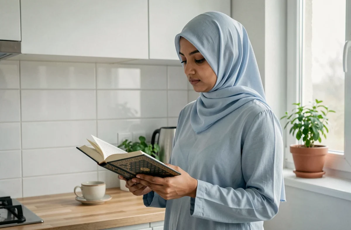 Jeune femme musulmane lisant le Coran avec la Sourate Kursi dans une cuisine moderne lumineuse