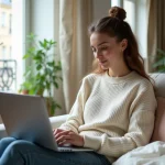 Jeune femme parisienne assise sur un canapé avec son ordinateur