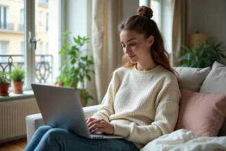 Jeune femme parisienne assise sur un canapé avec son ordinateur