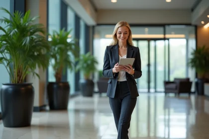 Femme d'affaires confiante dans un lobby moderne