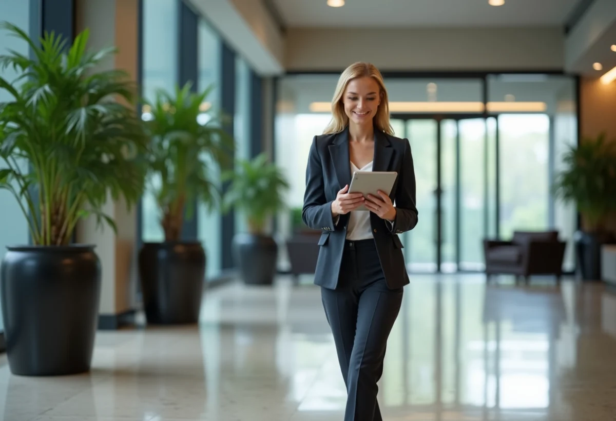 Femme d'affaires confiante dans un lobby moderne
