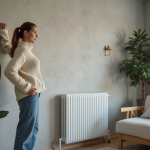 Femme ajustant un radiateur électrique dans un salon moderne