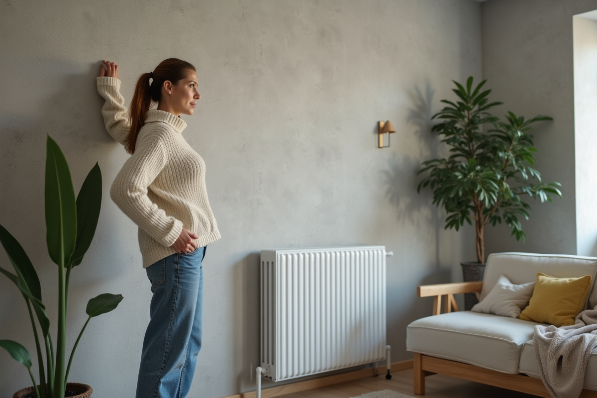 Femme ajustant un radiateur électrique dans un salon moderne