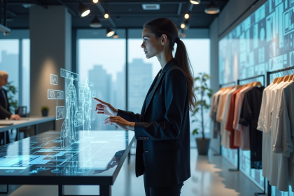 Femme en studio de mode utilisant la réalité augmentee