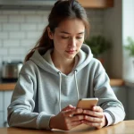 Jeune femme consultant une application de recharge mobile Lycamobile sur son smartphone dans une cuisine moderne