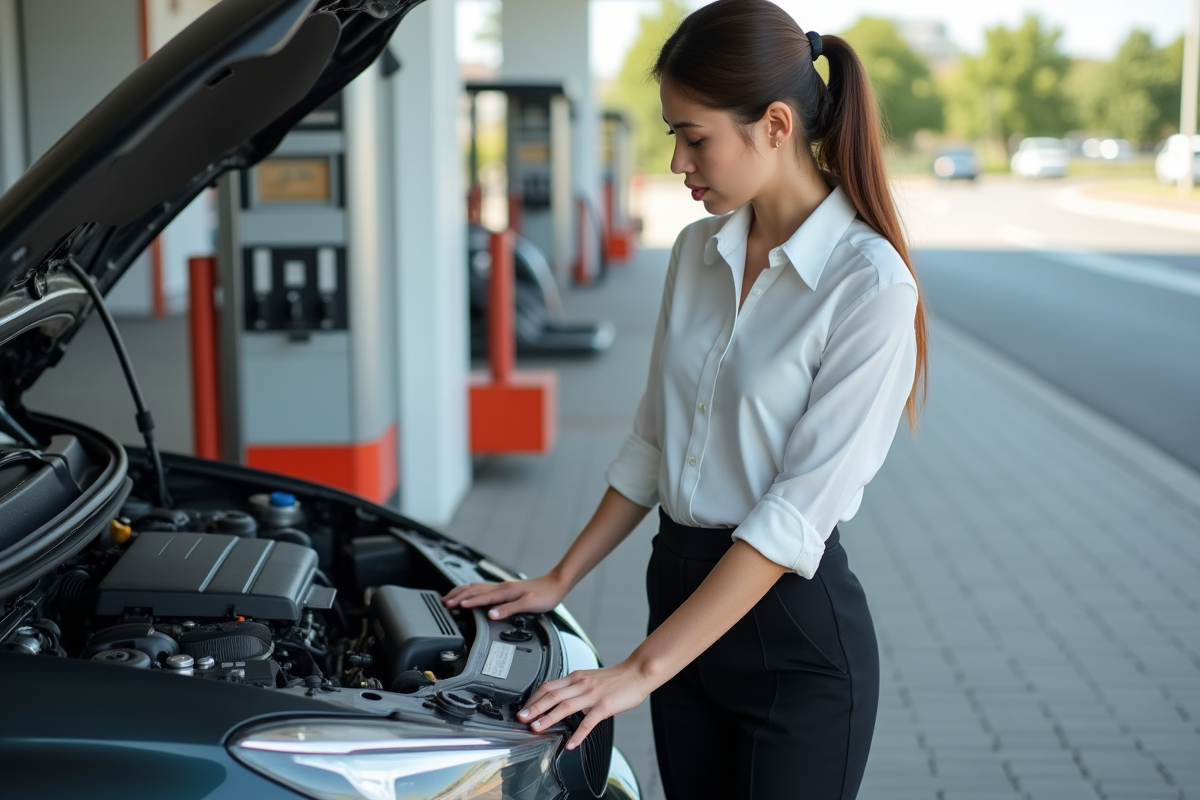 Jeune femme vérifiant le moteur d