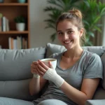 Jeune femme détendue avec thé dans un salon cozy