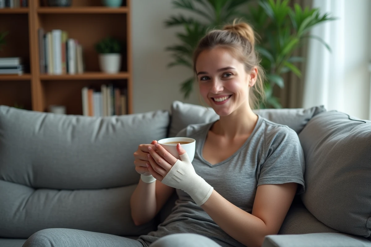 Jeune femme détendue avec thé dans un salon cozy
