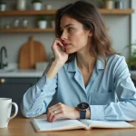 Femme regardant sa montre dans la cuisine lumineuse
