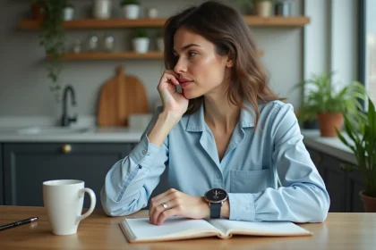 Femme regardant sa montre dans la cuisine lumineuse