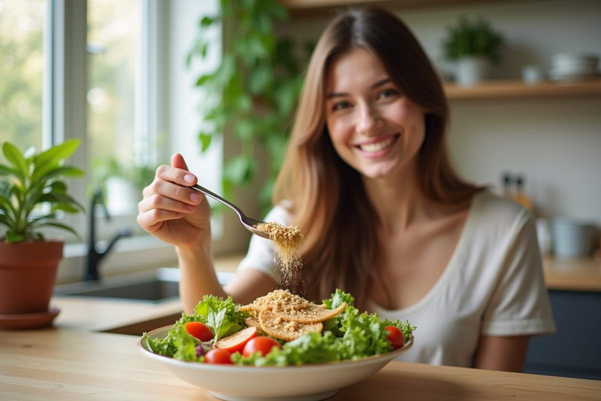 Jeune femme souriante avec salade et levure dans une cuisine lumineuse