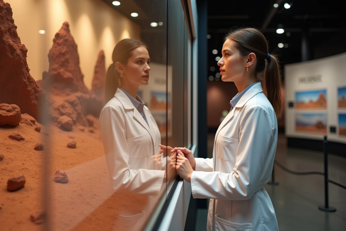 Jeune femme scientifique observant un diorama de Mars