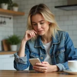 Femme en denim assise à la cuisine avec son smartphone