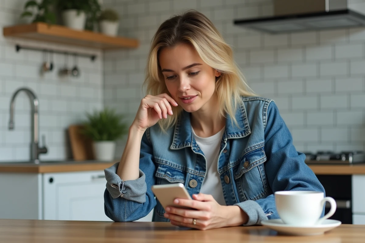 Femme en denim assise à la cuisine avec son smartphone