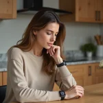 Femme en matinée regardant sa smartwatch dans la cuisine