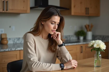 Femme en matinée regardant sa smartwatch dans la cuisine
