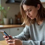 Femme cherchant la solution d'un mot de 9 lettres sur une application de jeu 4 Images 1 Mot sur smartphone
