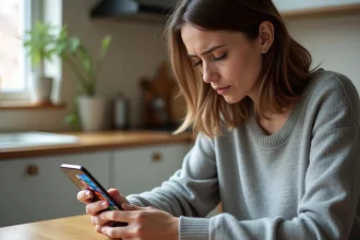 Femme cherchant la solution d'un mot de 9 lettres sur une application de jeu 4 Images 1 Mot sur smartphone