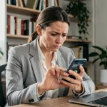 Femme méfiante regardant un numéro international inconnu sur son smartphone, indicatif +35 arnaque téléphonique