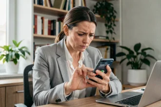 Femme méfiante regardant un numéro international inconnu sur son smartphone, indicatif +35 arnaque téléphonique