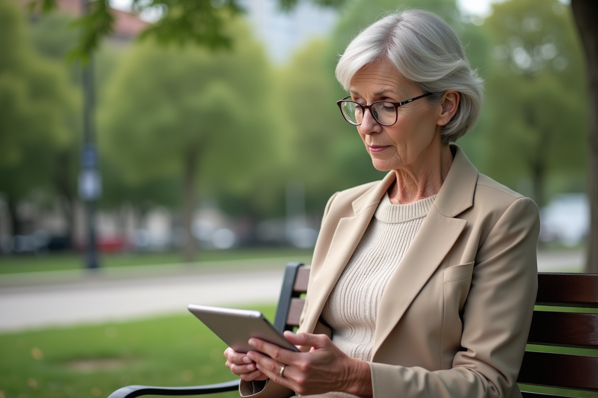 Femme mature utilise une tablette dans un parc urbain