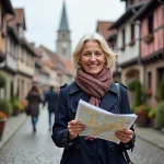 Femme souriante en trench et foulard avec carte à Sarralbe