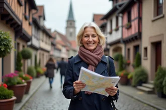Femme souriante en trench et foulard avec carte à Sarralbe