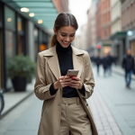 Femme élégante dans la ville portant un trench neutre