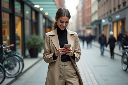 Femme élégante dans la ville portant un trench neutre