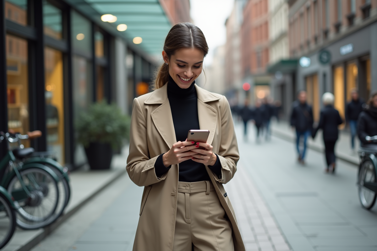 Femme élégante dans la ville portant un trench neutre