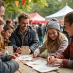 Groupe diversifié autour d'un stand de fête en plein air