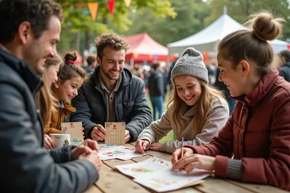 Groupe diversifié autour d'un stand de fête en plein air