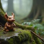 Figurine en bois sculpté représentant un korrigan posée sur une pierre moussue dans une forêt bretonne brumeuse