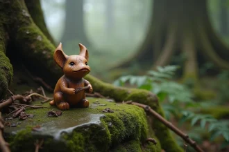 Figurine en bois sculpté représentant un korrigan posée sur une pierre moussue dans une forêt bretonne brumeuse