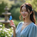 Jeune femme avec papillon bleu dans un jardin printanier