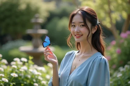 Jeune femme avec papillon bleu dans un jardin printanier
