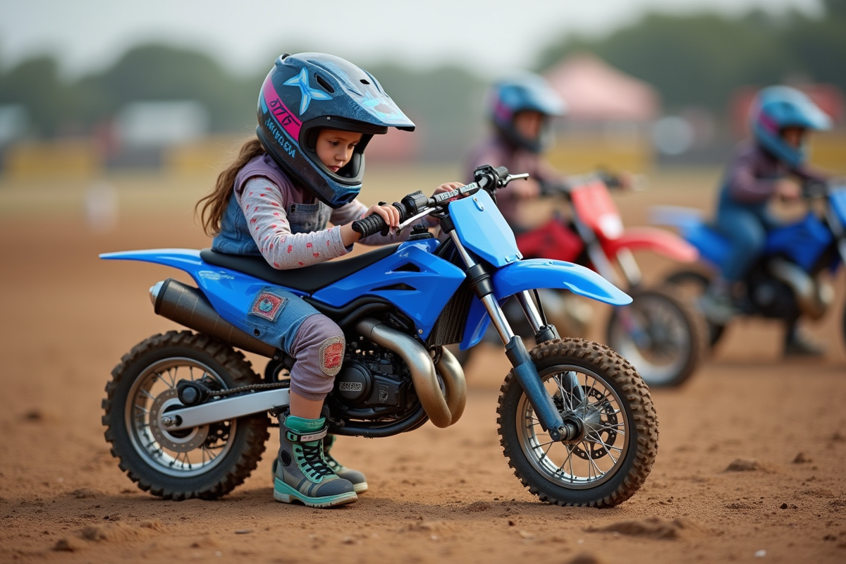 Jeune fille vérifiant sa moto dans un paddock